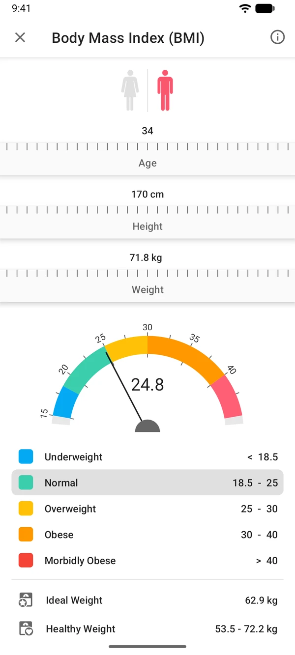 BMI calculator in the WeightLog app