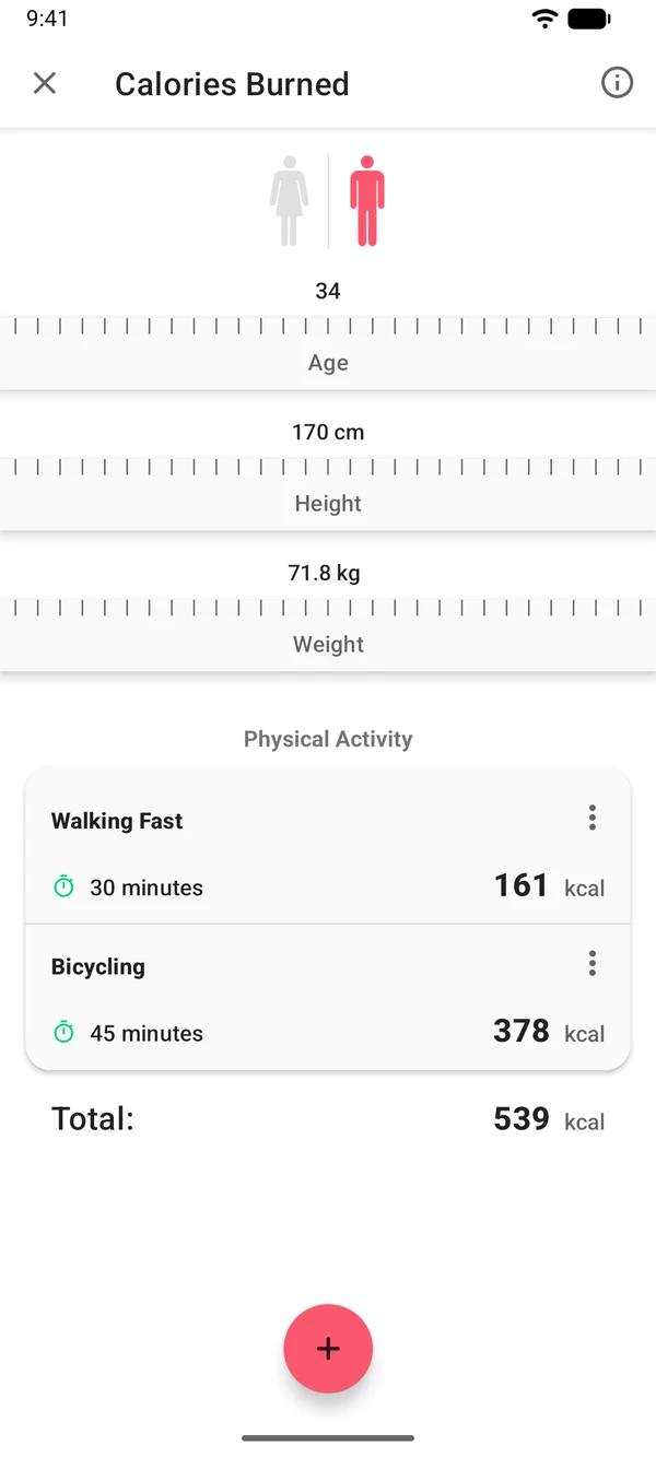 Calories burned calculator in the WeightLog app