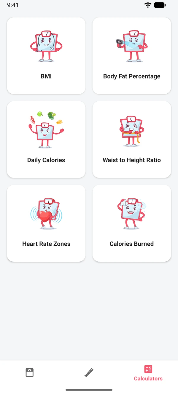 The list of six calculators in the app
