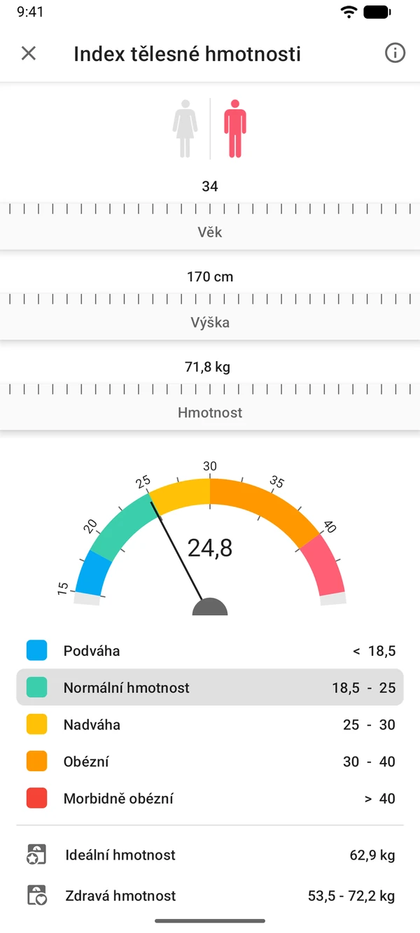 Kalkulačka BMI v aplikaci WeightLog