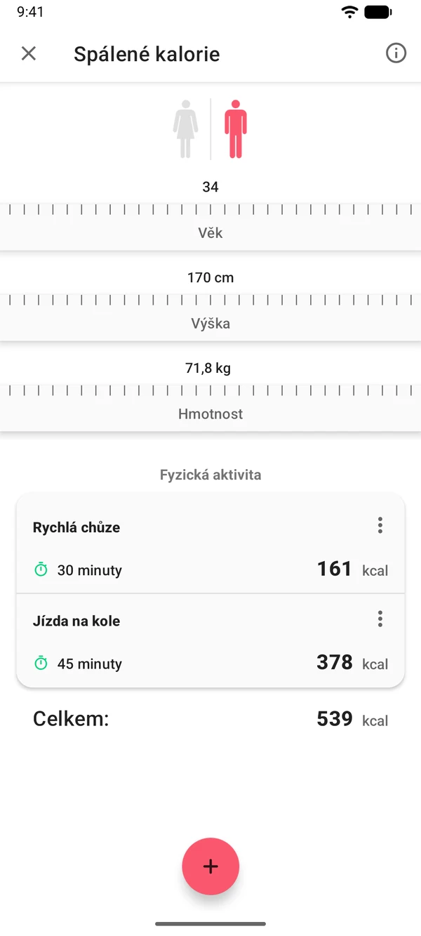 Kalkulačka spálených kalorií v aplikaci WeightLog