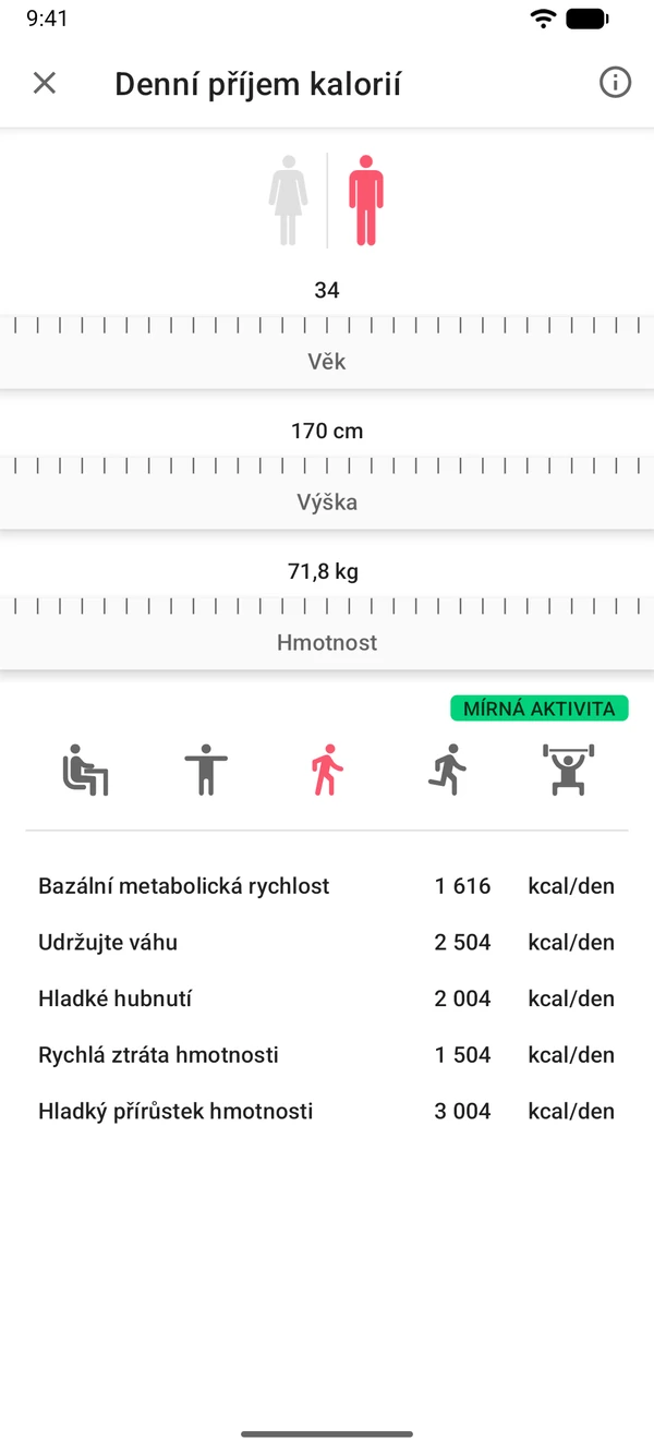 Kalkulačka denního příjmu kalorií v aplikaci WeightLog