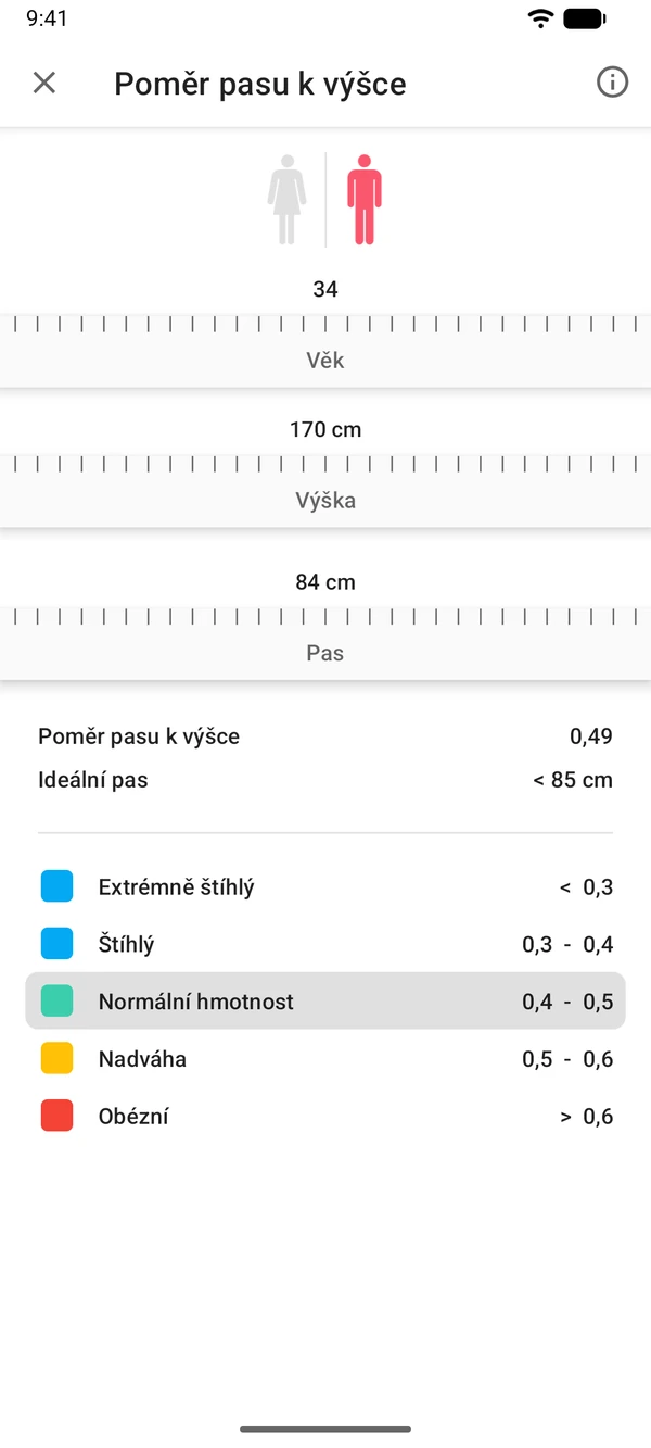 Kalkulačka poměru pasu k výšce v aplikaci WeightLog
