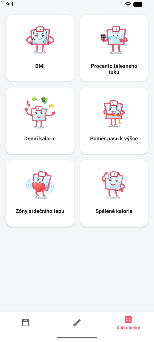 Seznam šesti kalkulaček v aplikaci