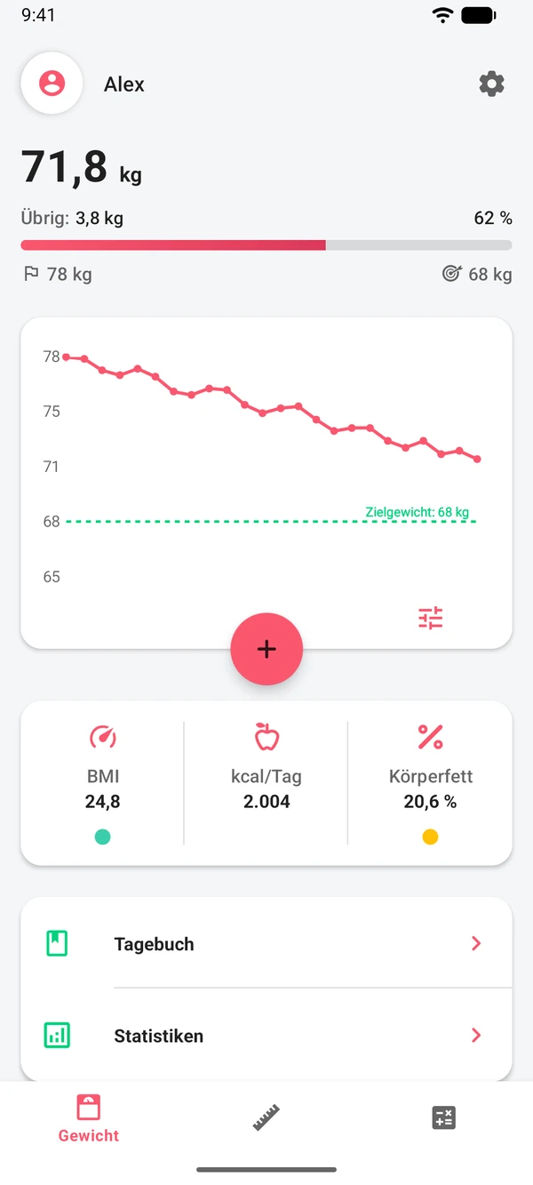 WeightLog-Startbildschirm mit aktuellem Gewicht, Fortschritt zum Zielgewicht und Gewichtsdiagramm