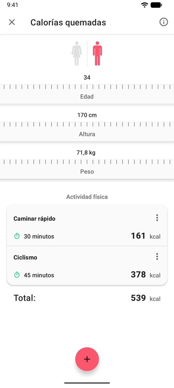 Calculadora de calorías quemadas en la app WeightLog
