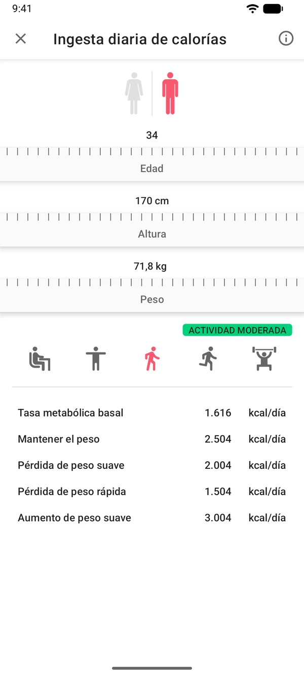 Calculadora de calorías diarias en la app WeightLog