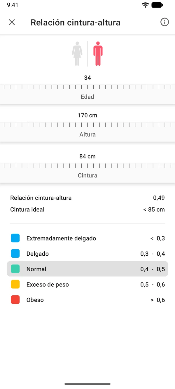 Calculadora de relación cintura-altura en la app WeightLog