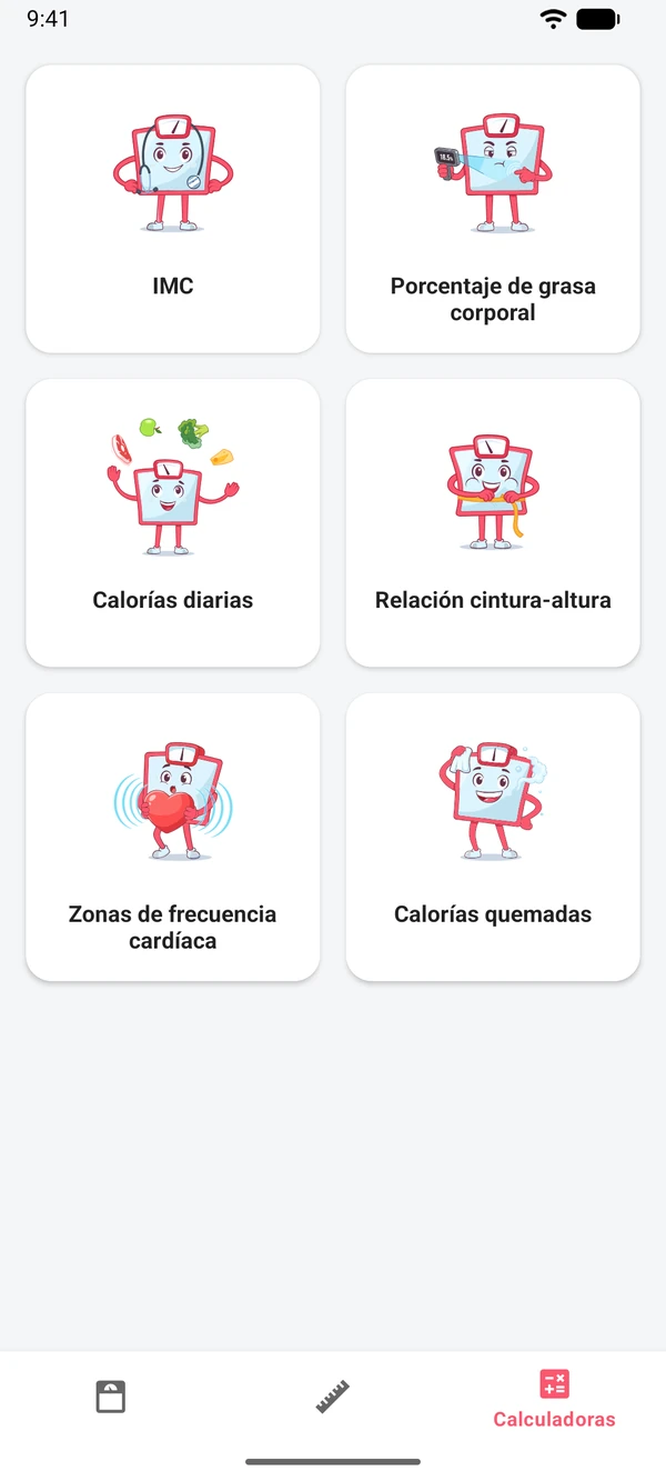 La lista de las seis calculadoras de la app