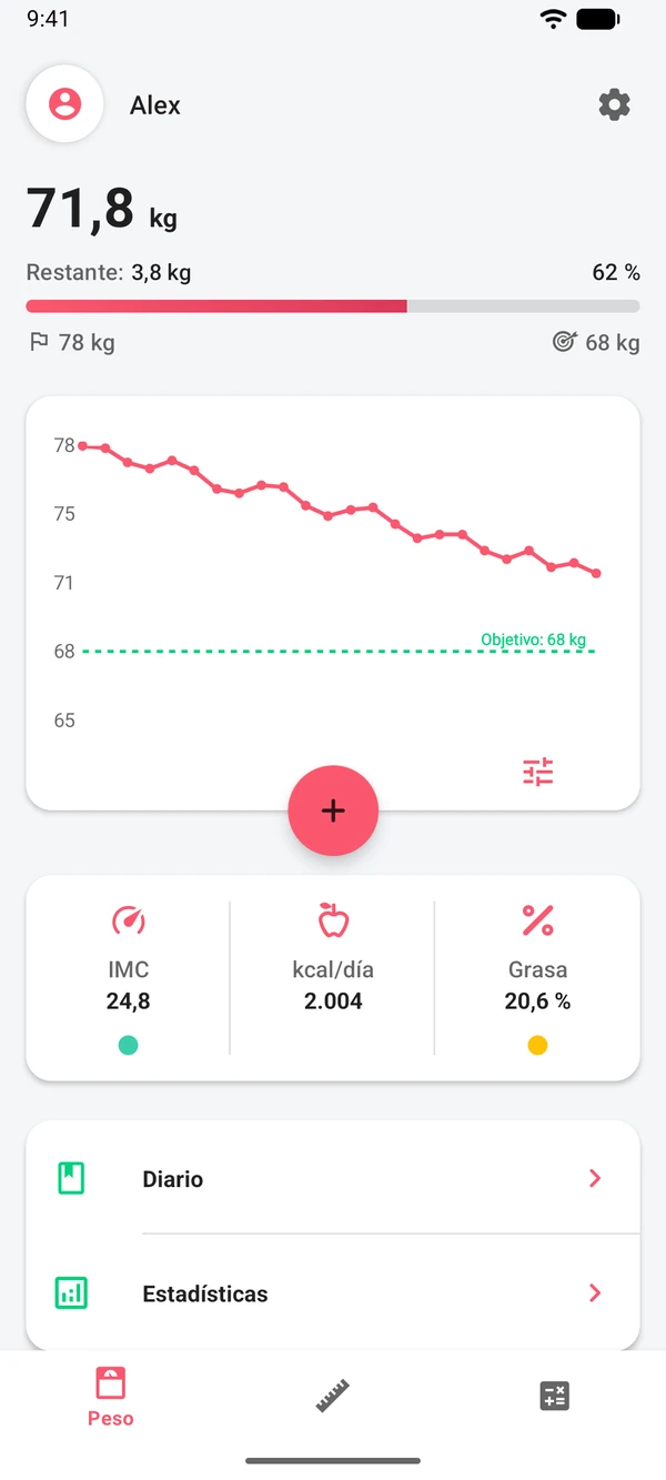 Pantalla de inicio de WeightLog con el peso actual, el avance hacia el objetivo y un gráfico de peso
