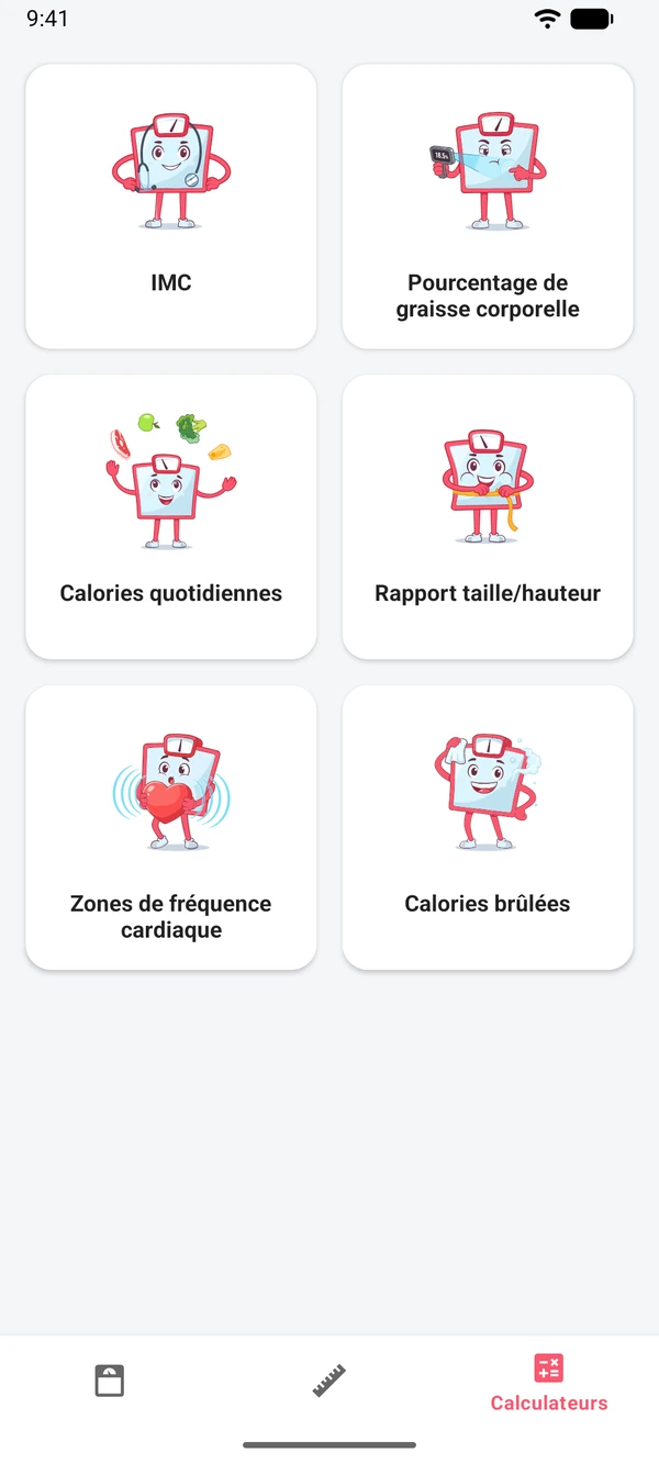 La liste des six calculateurs de l'application