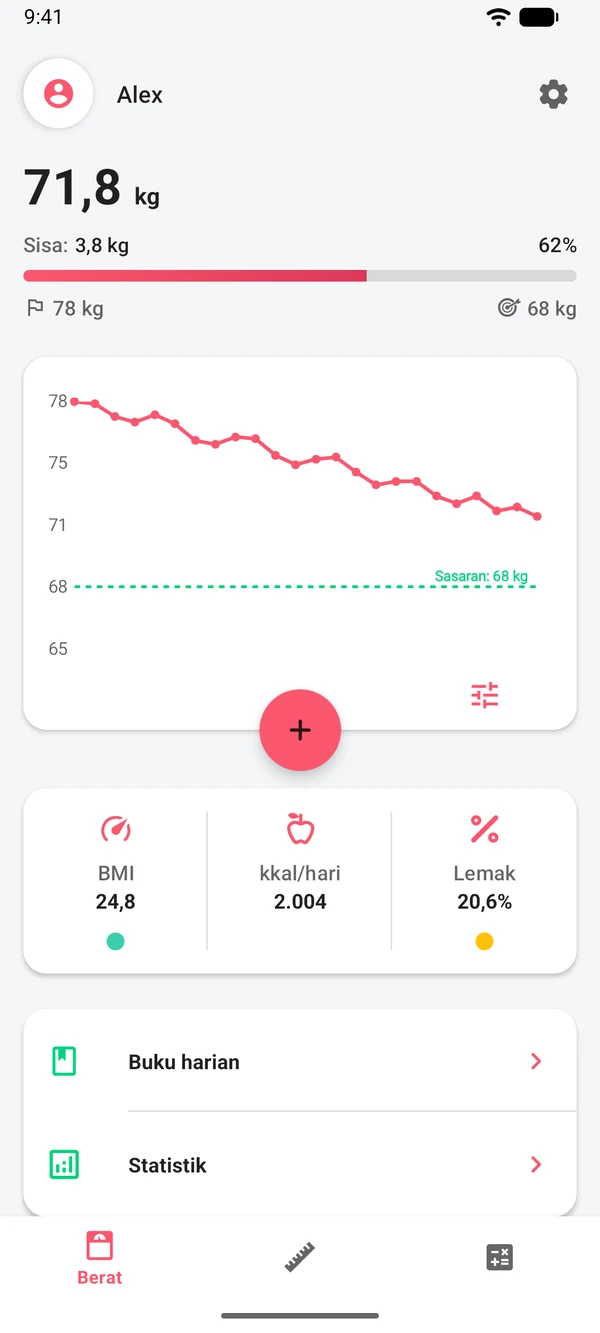 Layar utama WeightLog dengan berat badan saat ini, kemajuan menuju sasaran, dan grafik berat badan