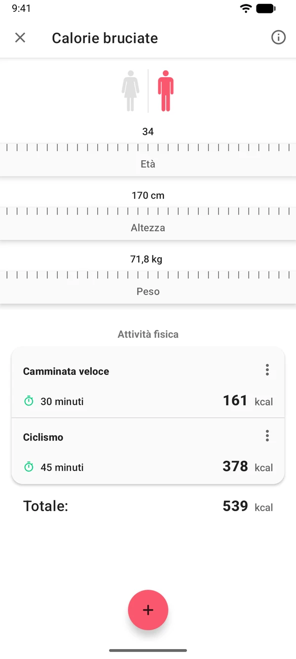 Calcolatore delle calorie bruciate nell'app WeightLog