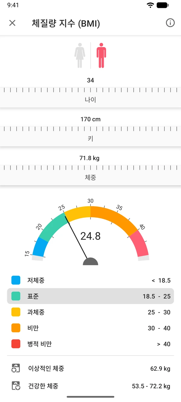 WeightLog 앱의 BMI 계산기 화면