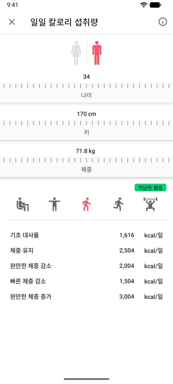 WeightLog 앱의 하루 칼로리 계산기 화면