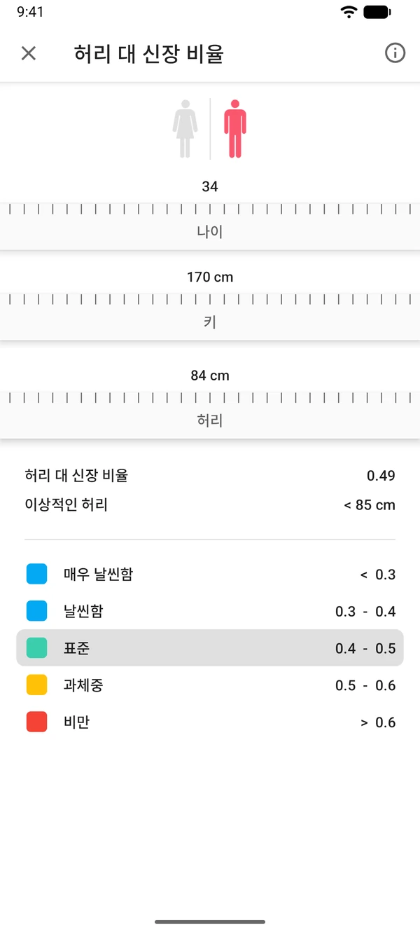 WeightLog 앱의 허리 대 키 비율 계산기 화면