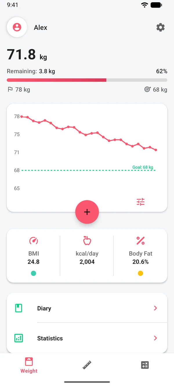 WeightLog home screen with the current weight, progress toward a goal and a weight chart