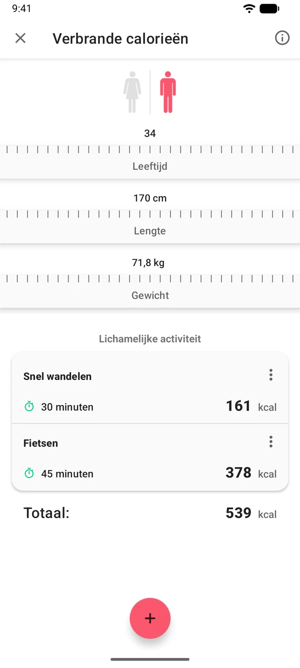 Verbrande calorieën berekenen in de WeightLog-app