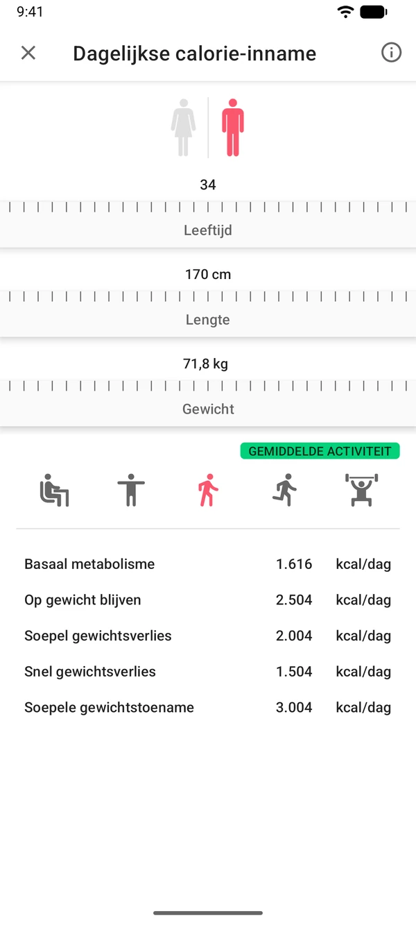Caloriebehoefte berekenen in de WeightLog-app