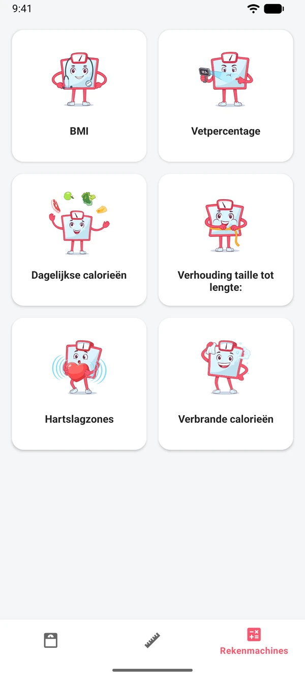 De lijst met zes calculators in de app