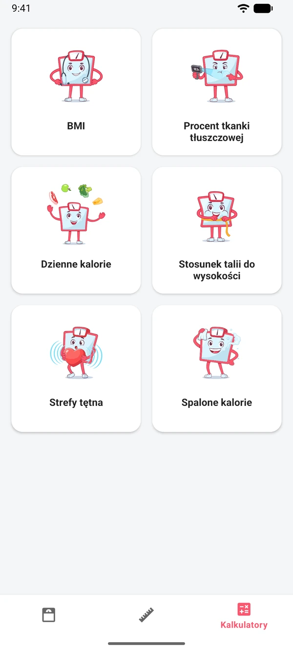 Lista sześciu kalkulatorów w aplikacji