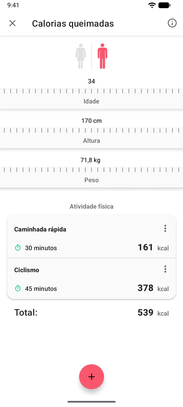 Calculadora de calorias queimadas no app WeightLog