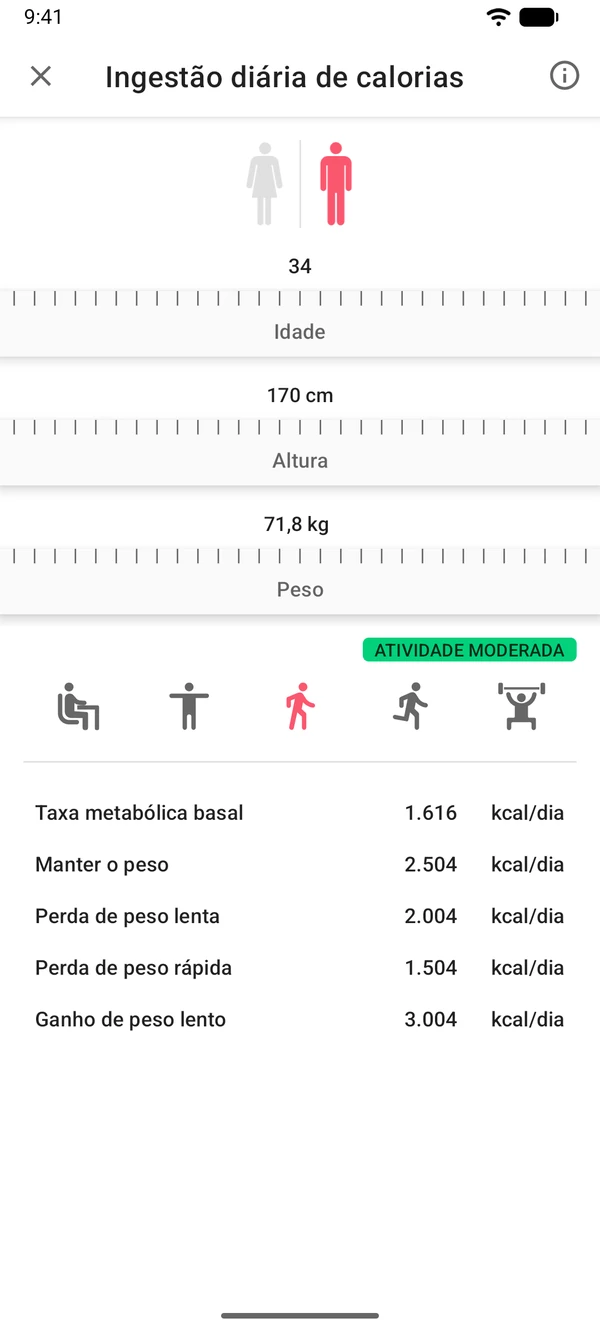 Calculadora de calorias diárias no app WeightLog