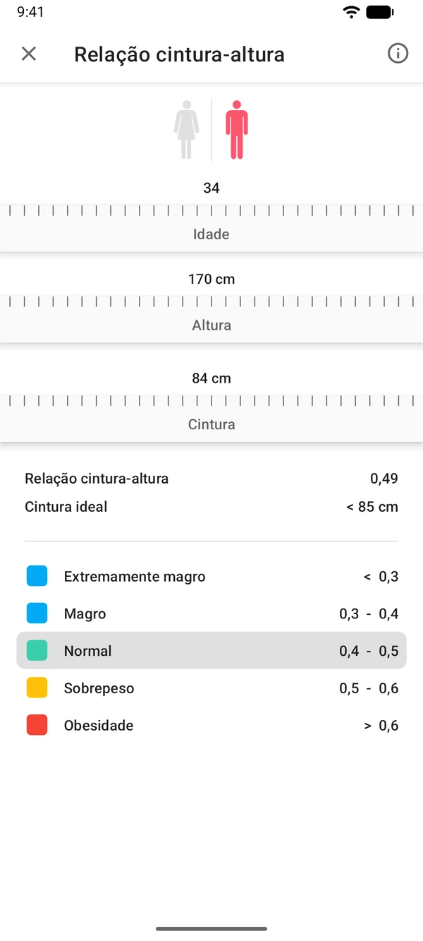 Calculadora de relação cintura-altura no app WeightLog