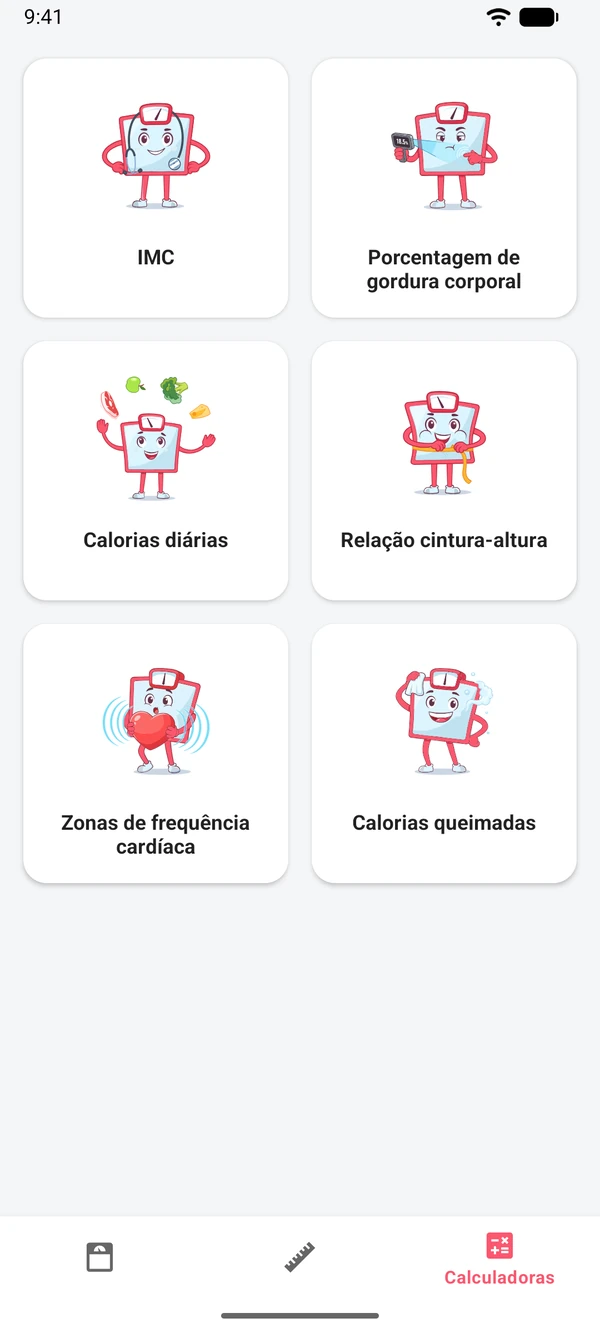 A lista das seis calculadoras do app
