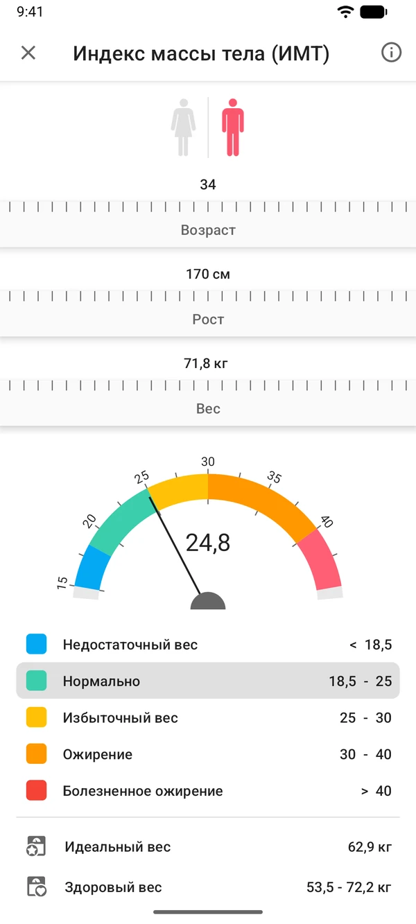 Калькулятор ИМТ в приложении WeightLog