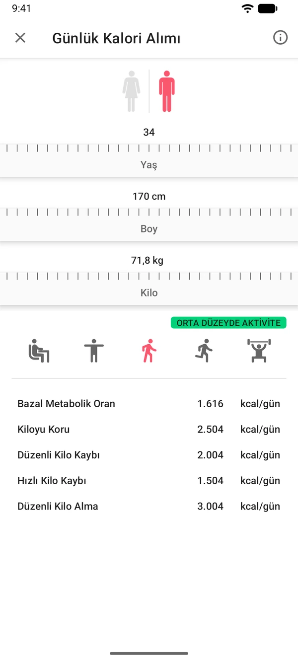 WeightLog uygulamasında Günlük kalori ihtiyacı hesaplama